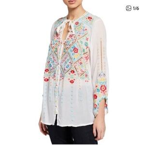 Johnny Was Arges Embroidered Boho Tunic Blouse top floral sheer XL
